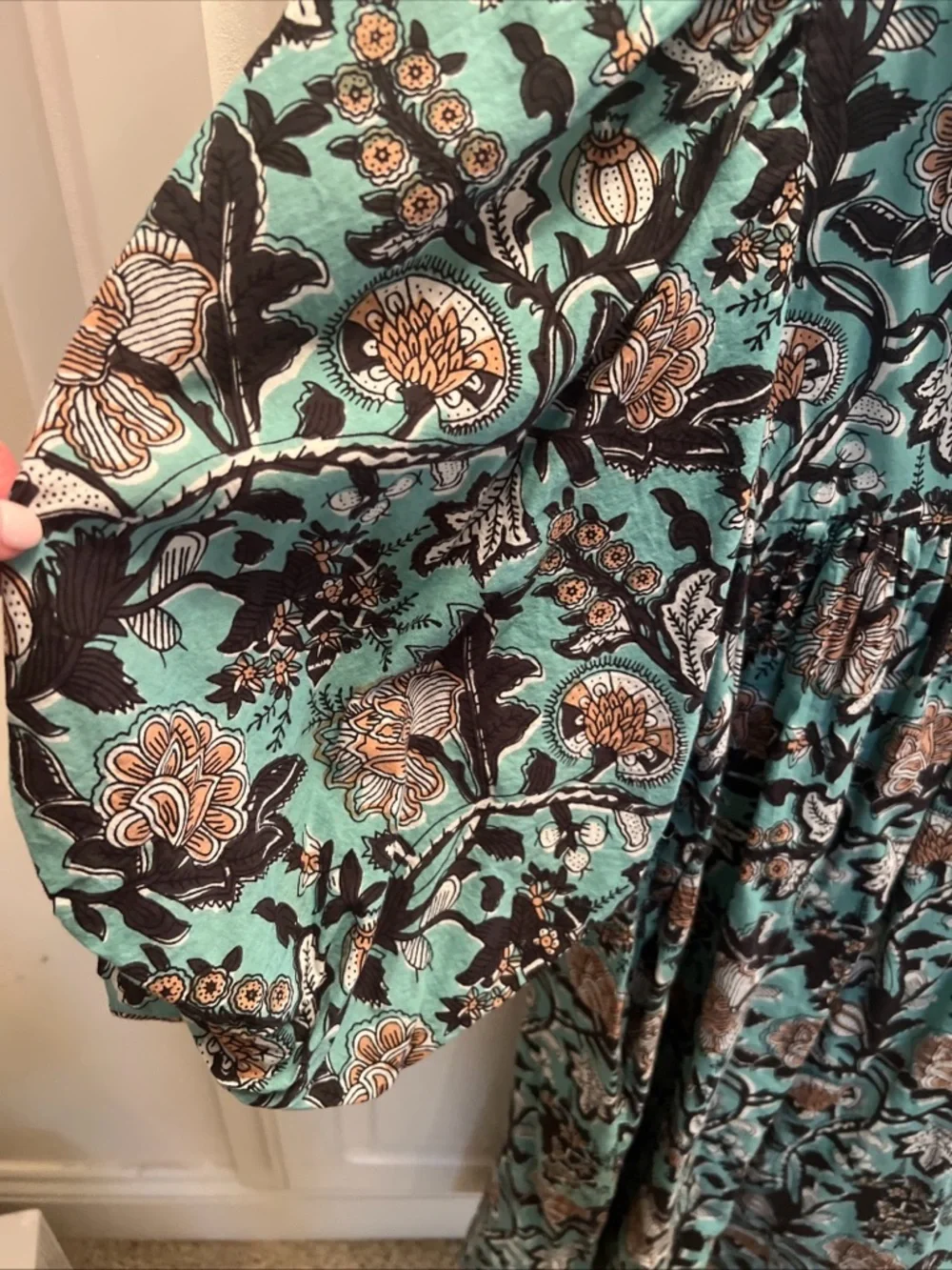Never A Wallflower High Neck Blue Floral Poplin Cotton Dress XS Puff Sleeves